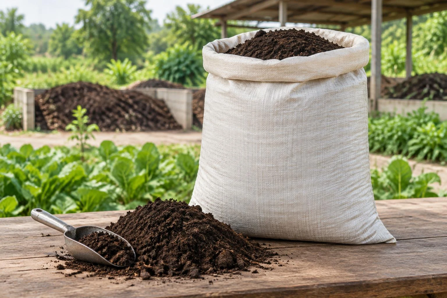 Imagem ilustrativa de adubo orgânico sólido num saco de 50kg, com composto e uma pá ao lado